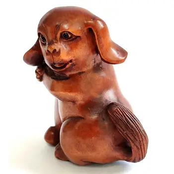 2 PALCA Japonski Šimšir Ročno Izrezljane Netsuke Kiparstvo Miniaturni Ljubek Pes