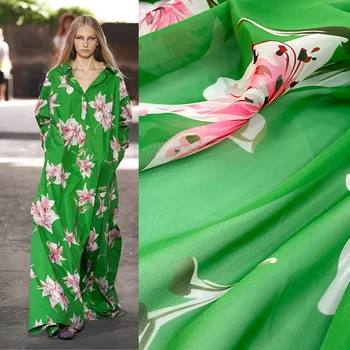 2021 Pomlad in Poletje Modni reviji Digitalni Tisk Zeleno Cvet Šifon Obleke Obleko Tkanine Počitnice Slog