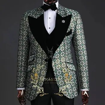 2023 Moda Najnovejše Modele Zeleno Cvetno Moških Obleko Vrha River Mens Poroka Obleke Formalno Ženina Stranka Jopičem Kostum Homme 3 Kosov