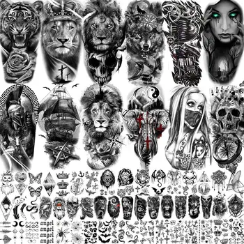 63 Listi Plemenski Volk, Lev, Tiger Začasne Tetovaže Za Moške, Ženske Stegno Roko Ponaredek Tattoo Nalepke, 3D Lobanje Gangster Tatoos Črna