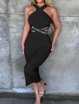 Elegantne Ženske brez Rokavov Povodcem Obleko 2023 Black Nosorogovo Dekor Criss Cross Izrezanka Suha Obleka Seksi Asimetrični Vratu Obleko