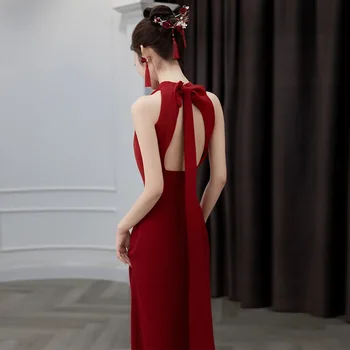 Elegantno Povodcem Večer Hišna Obleke Ženske Burgundija Qipao Backless Lok Cheongsam Dolgo Nevesta Poročni Vestidos Kitajski Stil Oblačenja
