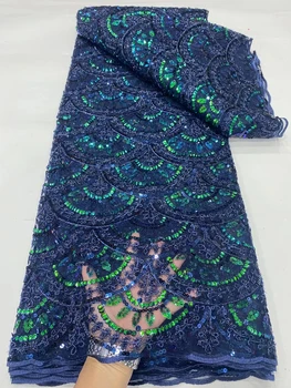 LDPN273 Mornarsko modra Afriške neto čipke tkanine z bleščicami,najbolj priljubljena oblika vezenega francoski til čipke za stranko/poročno obleko