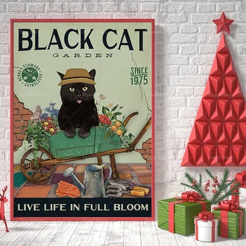Mačka Plakat-Črna Mačka Vrt Življenje je v polnem razcvetu, vrtnarske umetnosti tiska, ljubezen mačka wall art, smešno mačka, plakati, najboljše darilo večer