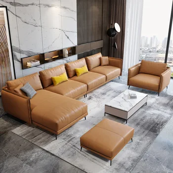 Minimalističen italijanski usnjeni kavč prva plast usnja sodobno minimalistično usnjeni kavč kombinacija v kotu dnevne sobe