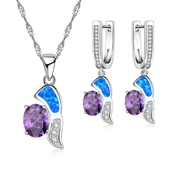Moda Geometrijske Oblike Nakit Set Za Ženske Imitacije Blue Fire Opal Vijolični Kristal, Ogrlico, Obesek, Uhani Poročni Nakit