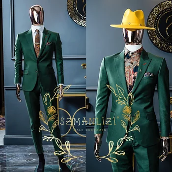 Moda Slim Fit Gospodje Oblačila za Moške, 2 Kos Temno Zeleno Poroko Ženina Jopičem Moški Modni Kajenje Kostum Suknjič Hlače