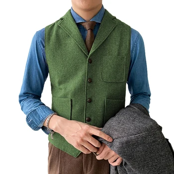 Moški Obleko Zelene V Vratu Telovnik Kost Tweed Waistcoat Zarezo River S 3 Žepi Poslovnih Formalno Waistcoat Groomsmen