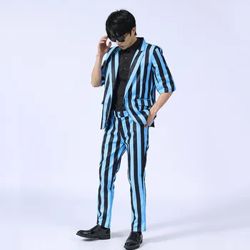 Moški Priložnostne Proge Ustreza Korejskem Slogu Črno Modra Pol Rokav Jopič Hlače Nastavite Slim Fit Pantsuit Stranka Kostum Pomlad Poletje