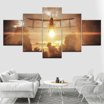 Platno Slikarstvo sončni svetlobi je ročno izdelani letalo Wall Art Slike 5 Kosov Modularni Zbirnik Poster Tiskanje za dnevna soba Dekor