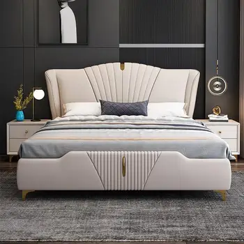 Sodoben minimalističen italijanski usnje posteljo svetlobno razkošje queen size postelja spalnica pohištvo, oblazinjeno posteljo