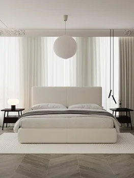 Sodobno minimalistično tkanine posteljo, spalnico, jagnje, plišastih krpo, bukev splav okostje postelja