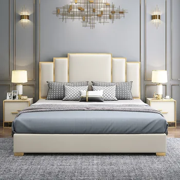 Spalnica pohištvo svetlobno razkošje Hong Kong-slog usnje postelja enostavno American high-nazaj shranjevanje vzmetnice poročno posteljo