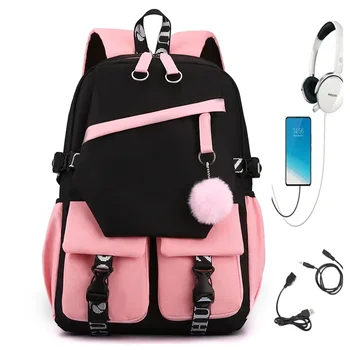 visoko šolski nahrbtnik za dekleta najstnik sredini študent šolske torbe USB polnjenje Kampusu najlon roza nahrbtnik ženske