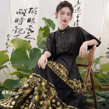 Črna Kratka Sleeved Majico Konj Obraz Krilo Novi Kitajski Slog Ženski Hanfu Song Dinastije, Cosplay Kostume Vintgae Elegantno Vestidos