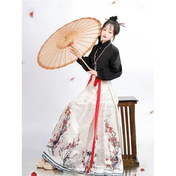 Ženske Cvjetnim Tiskanja Hanfu Konj Obraz Krilo Kitajske Tradicionalne Vintage Obleko Gub Krilo Majica+Krilo Določa